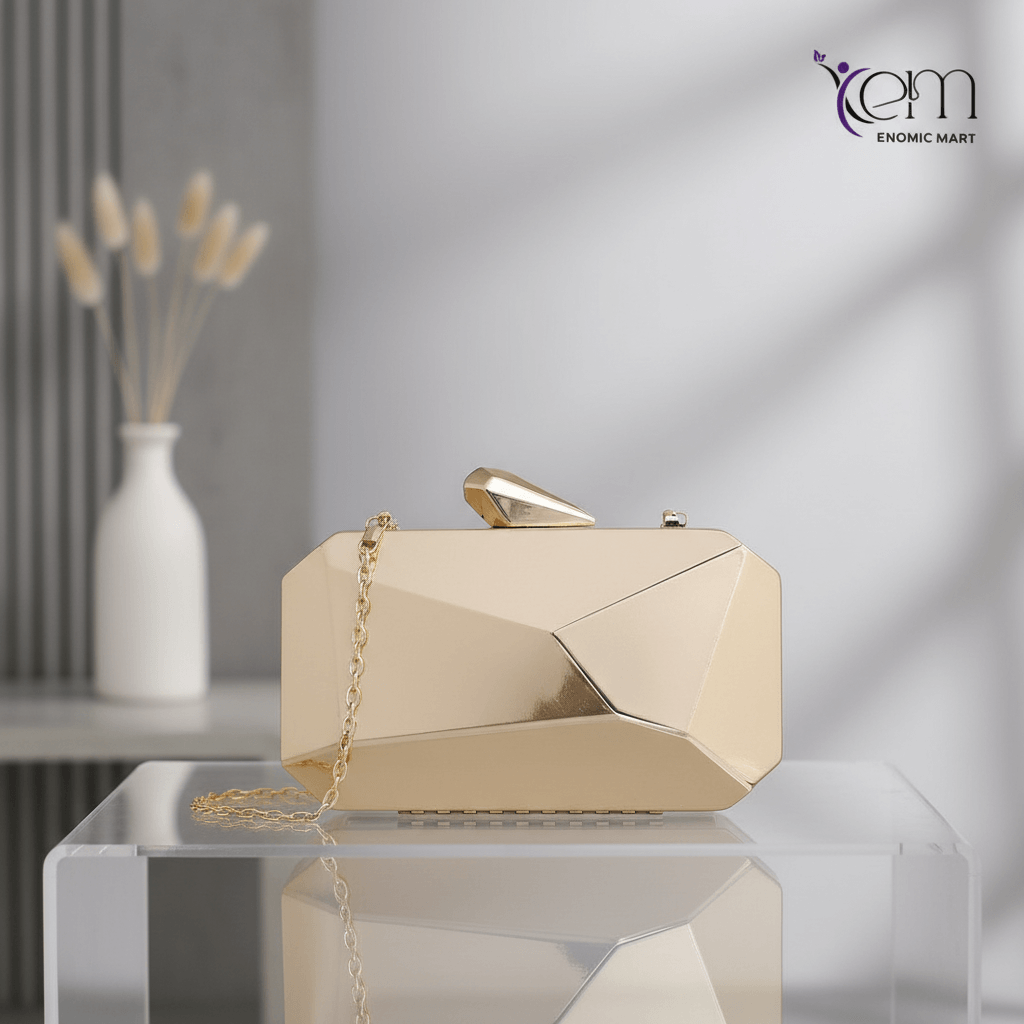 Fashion Sparkly Square Clutch Unique Women Lattice Pattern Metal Handbag Chain Geometric Evening Clutch Purse