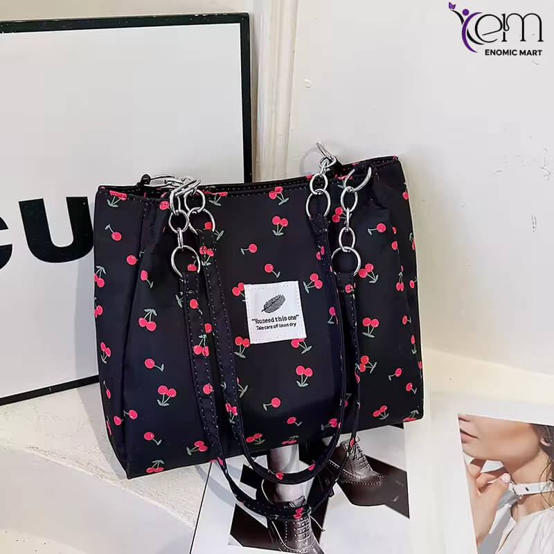 2025 Spring New Large Capacity Fresh Cherry Print Floral Tote Bag for Women Stylish Shoulder Bag Zip Closure Polyester Lining