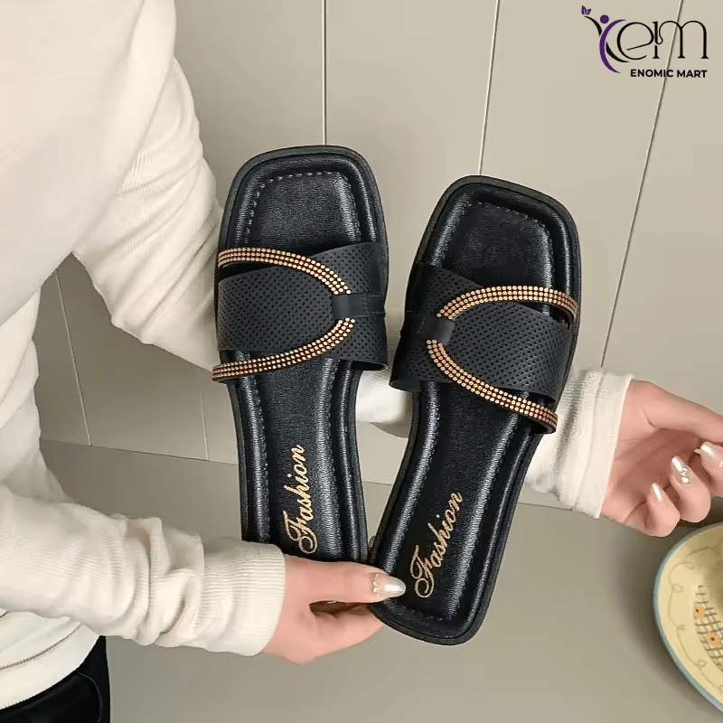 Women's Literary Style Summer Flats High-Bottom Non-Slip Sandals Fashionable One-Word Bathing Outdoor Flats Slides for Slippers