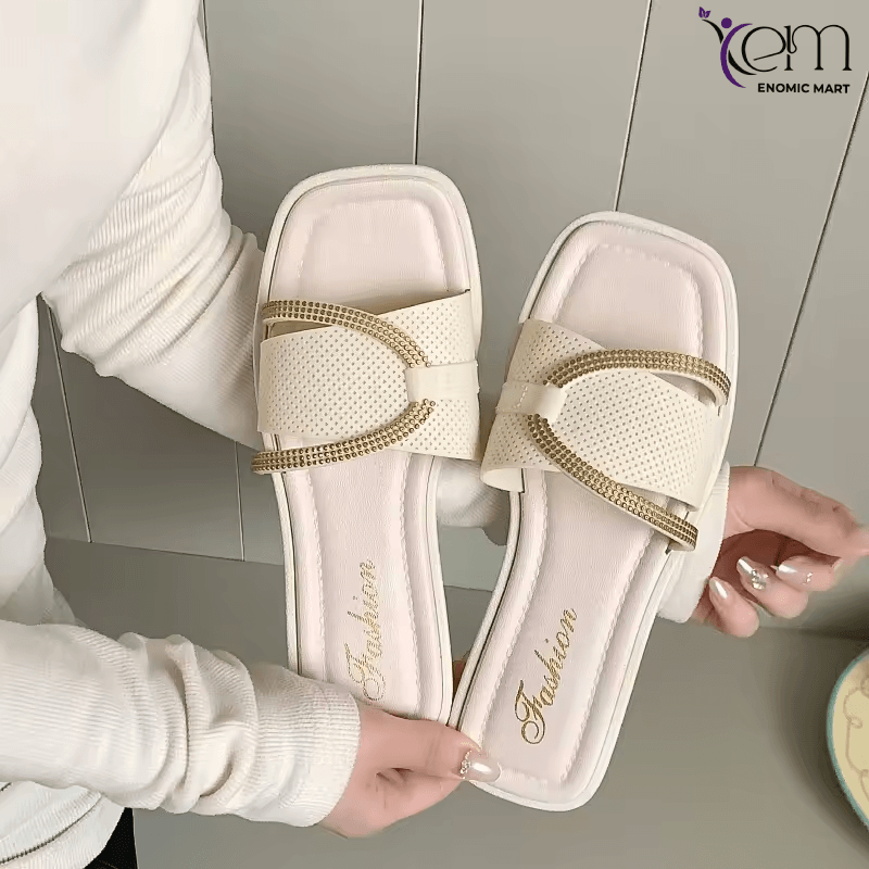 Women's Literary Style Summer Flats High-Bottom Non-Slip Sandals Fashionable One-Word Bathing Outdoor Flats Slides for Slippers
