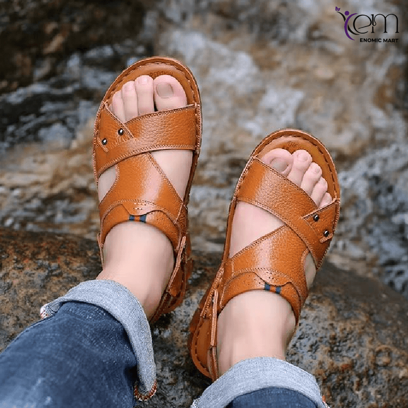 Non Slip Genuine Leather Men's Tpr Sole Sandals Outdoor Sports Beach Hiking Men Summer