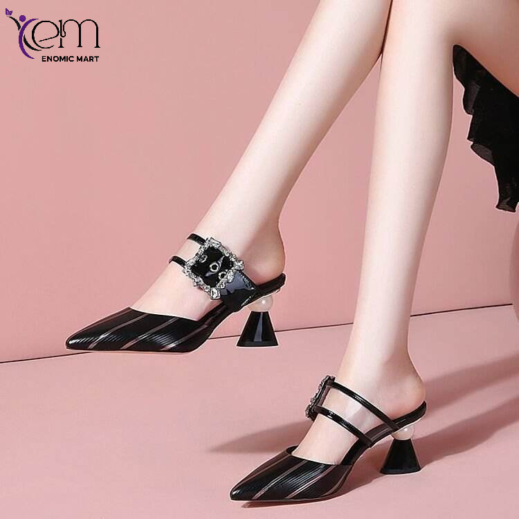 High Heel Slippers Fashion Medium Thick Heel Women's Shoes Fish Mouth Slippers High Heel Lazy Half Tug Women's Outwear