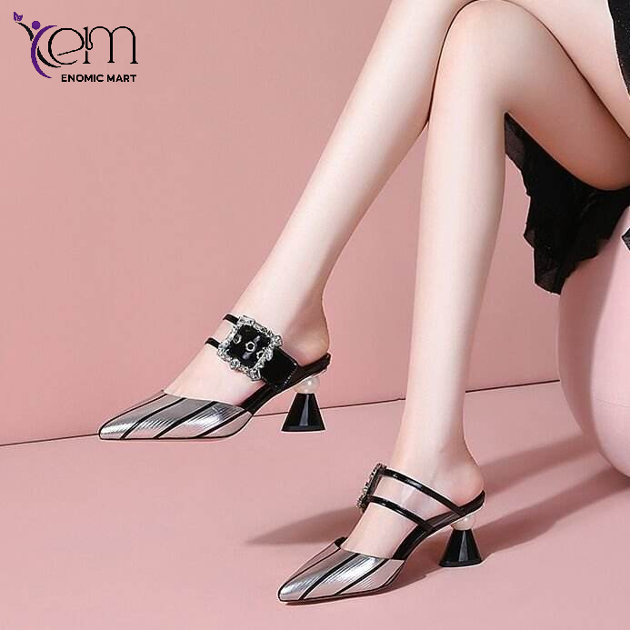 High Heel Slippers Fashion Medium Thick Heel Women's Shoes Fish Mouth Slippers High Heel Lazy Half Tug Women's Outwear